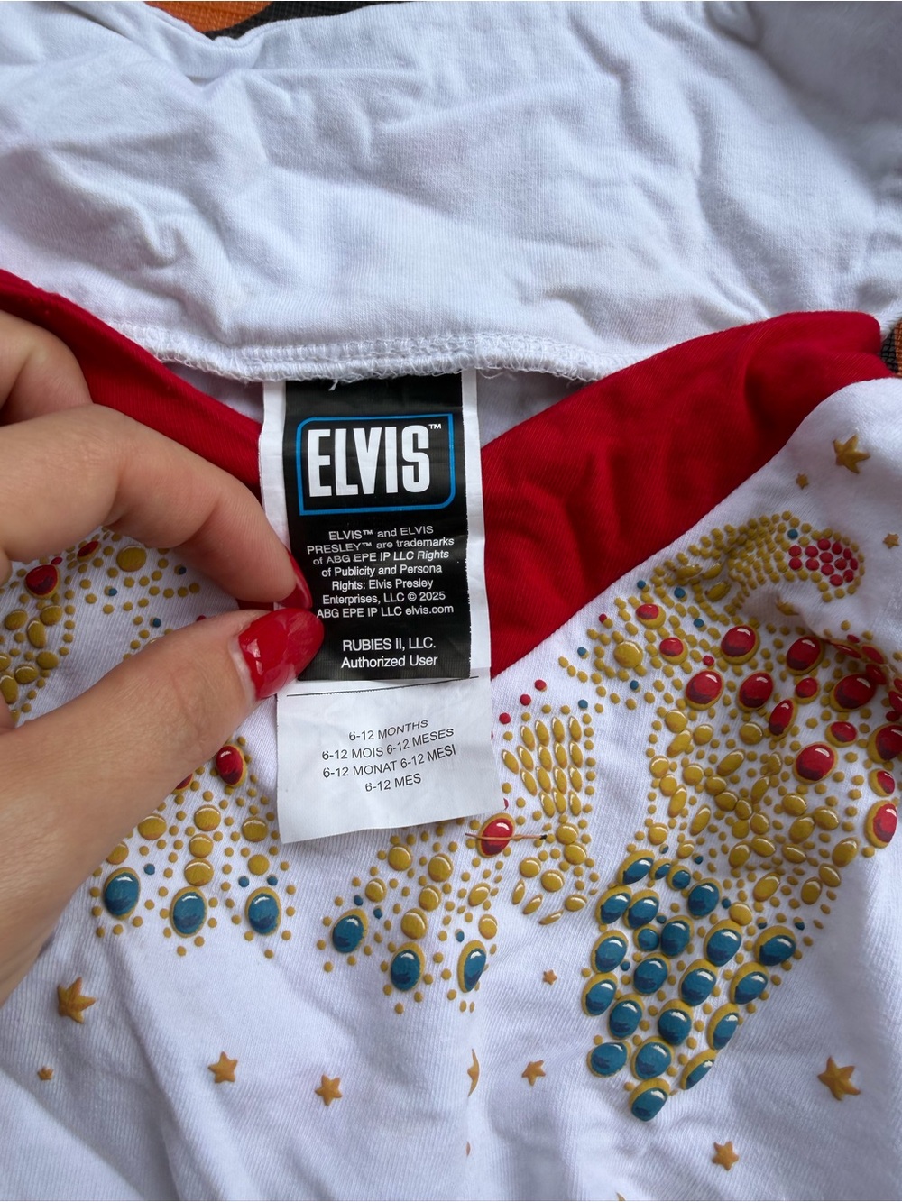 PELVIS White Short Sleeve Tee with Red Trim and Multicolor Studs